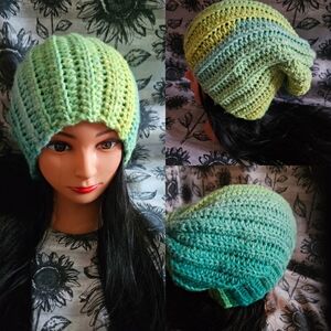 Crochet Handmade Green And Teal Slouchy Beanie